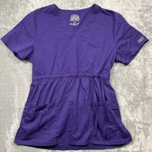 Cherokee Scrub Top Women Small Purple Mock Wrap Core Stretch Drawstring Waist